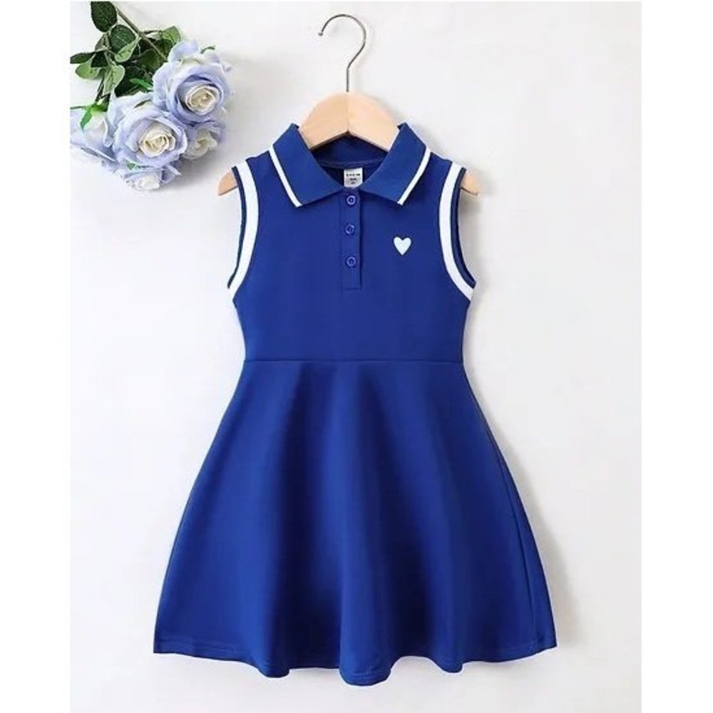 Shein Girls Size 7Y Athletic Dress Sleeveless Collared Blue White Heart Stretch